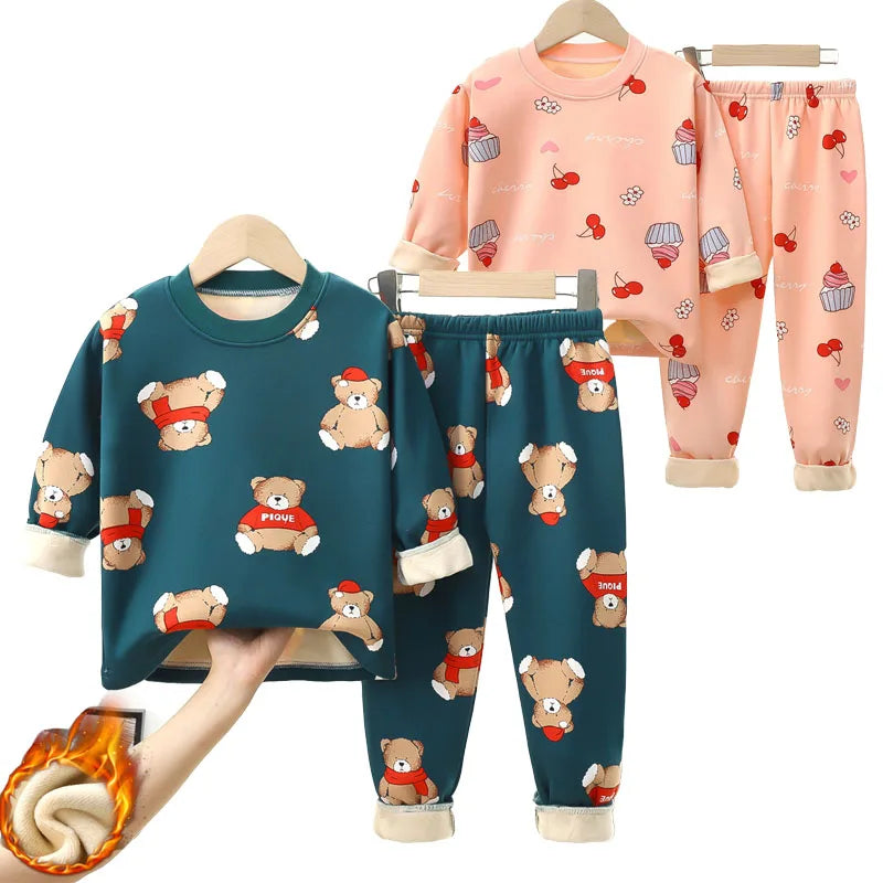 Girls Warm Pajama Clothing Sets Autumn Winter Kids Plus Velvets Suits Teen Boys Fashion Print Pullover+Pants 2Pcs Outfits 1-14 Y