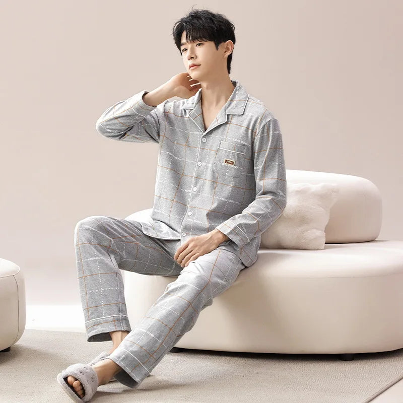 Pajamas for Men Spring Autumn Long Sleeve Lapel Button-up Cardigan Trousers Two-pieces Loose Casual Home Clothes Men Pajama Sets