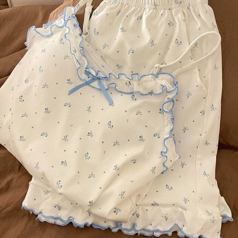 Girls Sweet Floral Pajamas Female With Chest Pad Camisole Vest Home Wear Suit