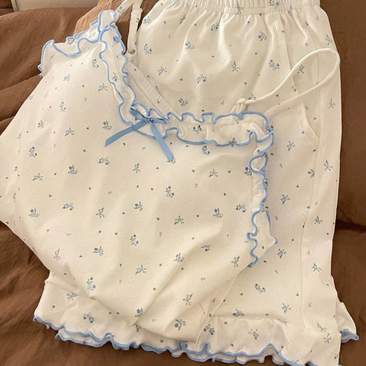 Girls Sweet Floral Pajamas Female With Chest Pad Camisole Vest Home Wear Suit
