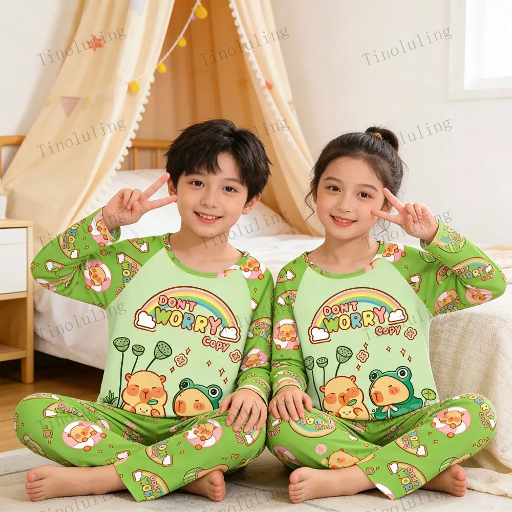 Boys Girls Pajamas Sets Kids Toddler 3 to 4 5 6 7 8 9 10 11 12 Years Capybara Pink Brown Long Sleeve Pyjamas Children's Clothing