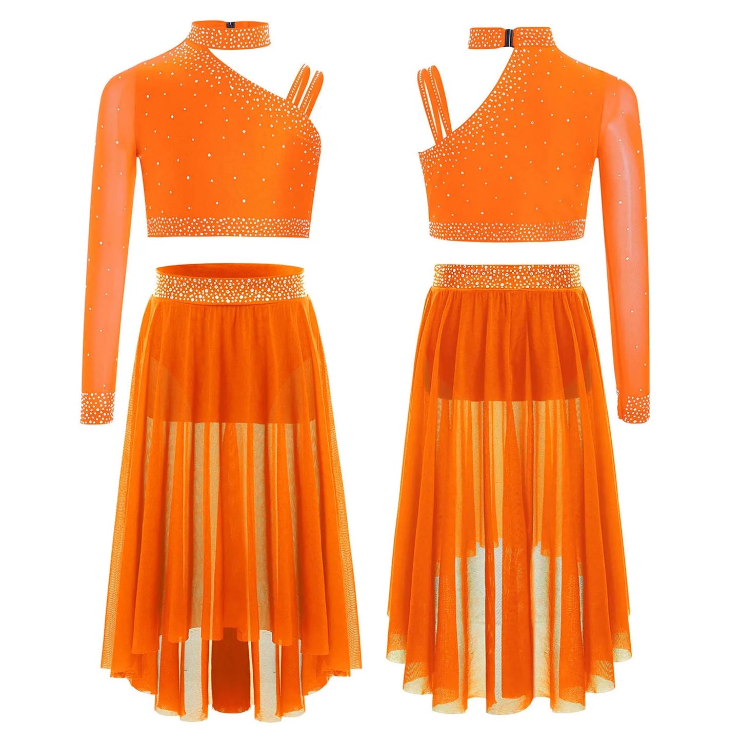 Girls Lyrical Dance Set Rhinestones Tops One Shoulder Crop Top with Side Slit Irregular Mesh Skirt Modern Contemporary Dancewear