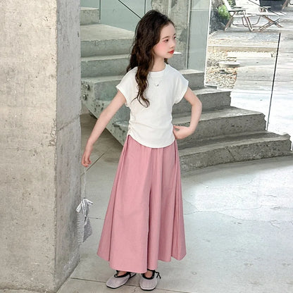Girls New Suit Children Top Set Summer Short Sleeved T-shirt Pants 2PCS Kid Solid Color Outfits Teen Casual Loose Clothes
