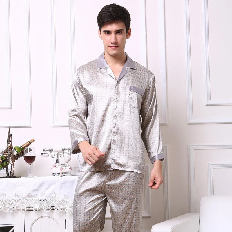 Spring Autumn New Male 2PCS Pajamas Set Sleepwear Print Long Sleeve Trouser Pijamas Suit Loungewear Loose Silk Satin Home Wear