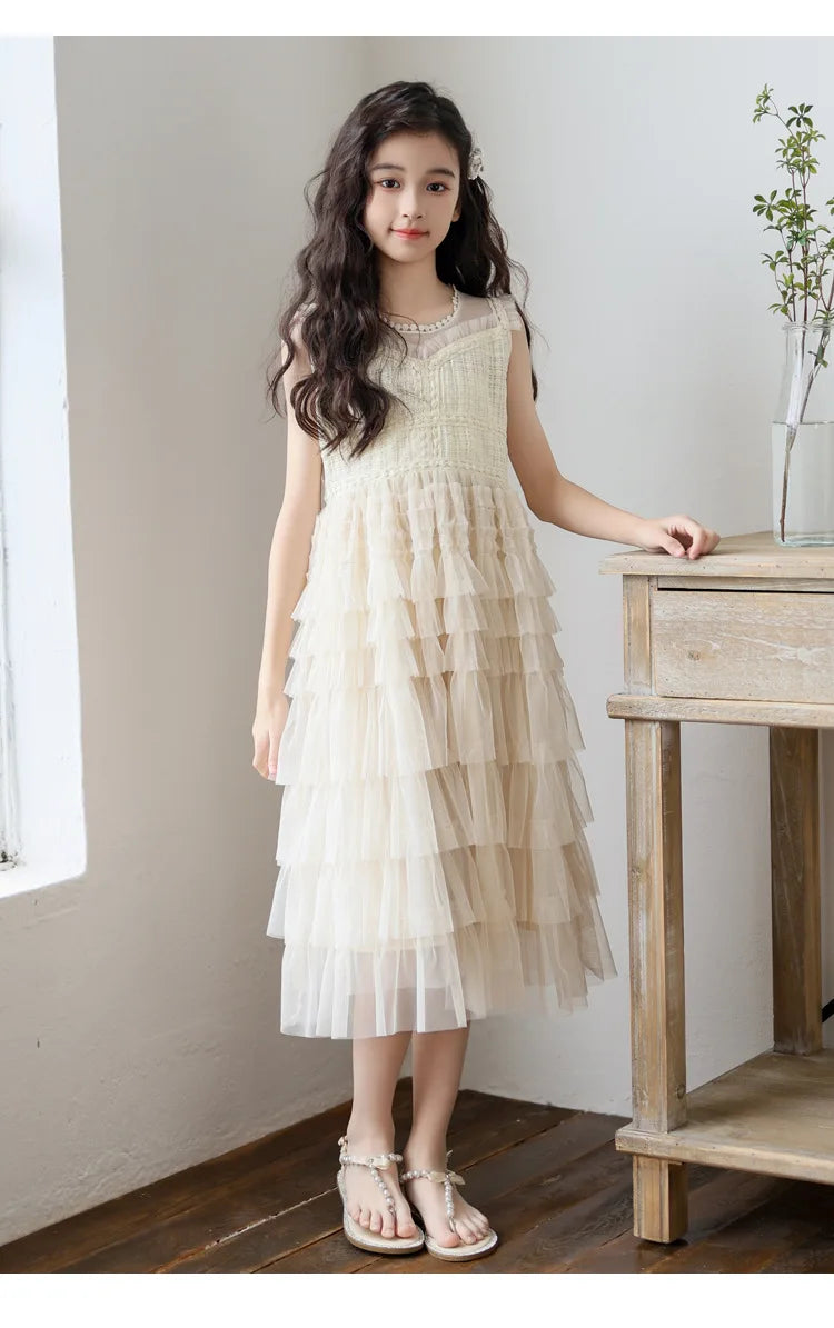 Tulle Tiered Dress for Girls 2026 New Summer Sleeveless Vest Princess Dress Daily Party Holiday Beige Teenage Children Clothes