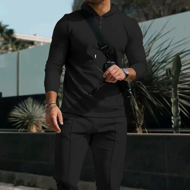 New Men's Casual Suit Outdoor European and American Hooded Solid Color Long Sleeve Trousers Suit