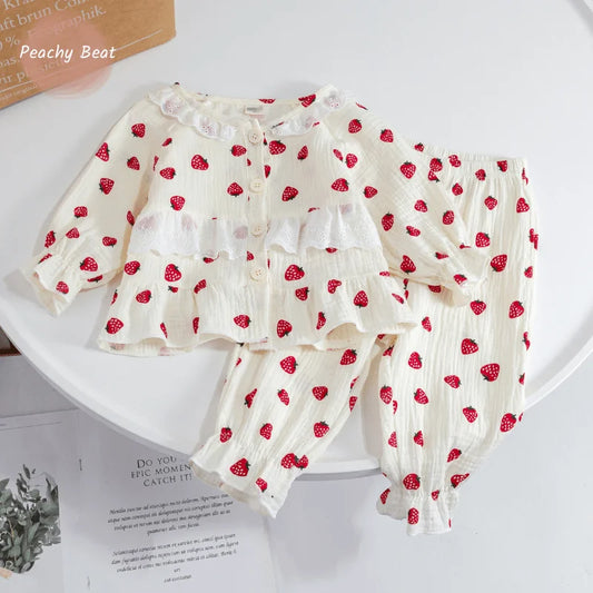 Baby Girl Cotton Sleepwear Infant Toddler Lace Strawberry Print Pajamas Set Homesuit Spring Autumn Nightwear Baby Clothes 1-7Y