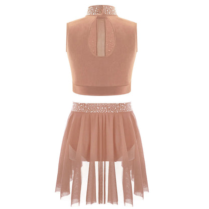 Teen Girls Modern Lyrical Dance Performance Outfit Sleeveless Crop Top with Leotard Skirt for Skating Jazz Ballet Gymnastics