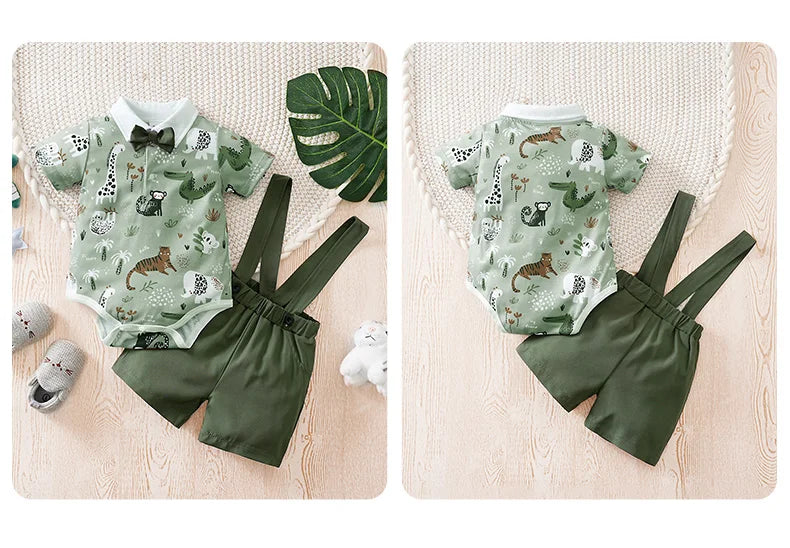 Newborn Baby boys Clothes Set Animal - Green print Fashion Summer Toddler Outfit short sleeve straps Clothe 2-piece outing suit