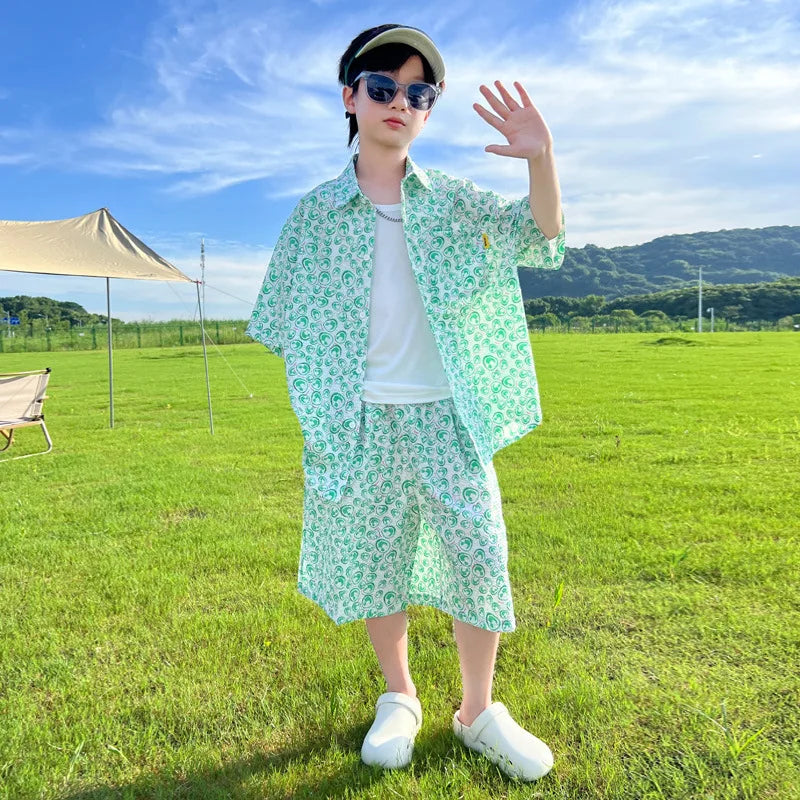 Boys' Summer Outfit Short-Sleeve Shirt Set 2025 New Design  Children Lightweight Summer Shirts for Middle Older Kids Beach Wear