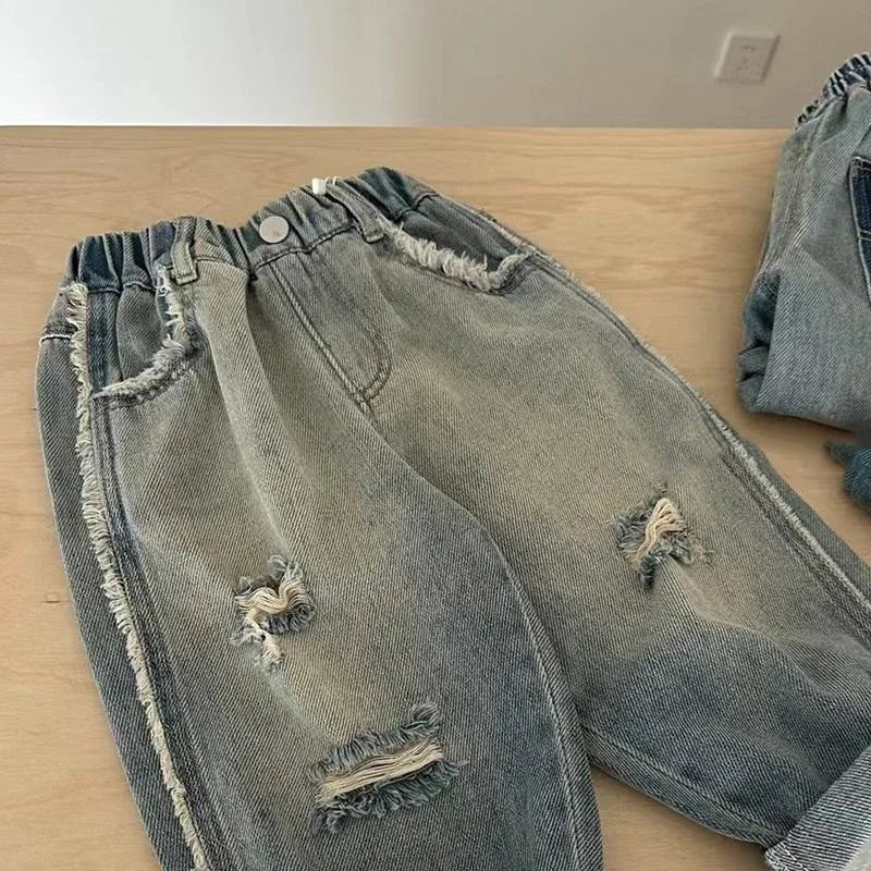 Boys' Retro Ripped Jeans 2025 New Product, Cheap, High-quality, Cool, Suitable for 2-8 Year Old Boys To Wear Casual Pants