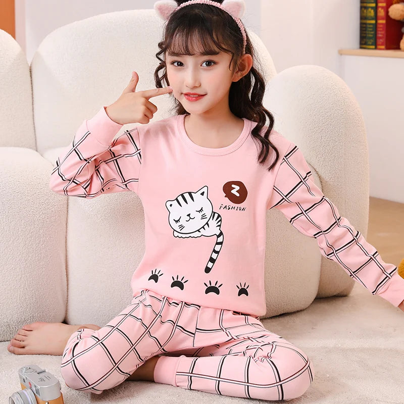 Girls' pure cotton underwear spring and autumn cartoon print loungewear set children's pajamas comfortable crew neck topandpants