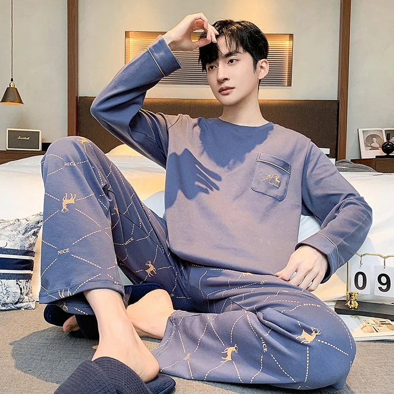 Pajamas for Men Spring Autumn Long Sleeve Lapel Button-up Cardigan Trousers Two-pieces Loose Casual Home Clothes Men Pajama Sets