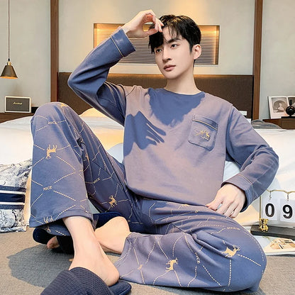 Pajamas for Men Spring Autumn Long Sleeve Lapel Button-up Cardigan Trousers Two-pieces Loose Casual Home Clothes Men Pajama Sets