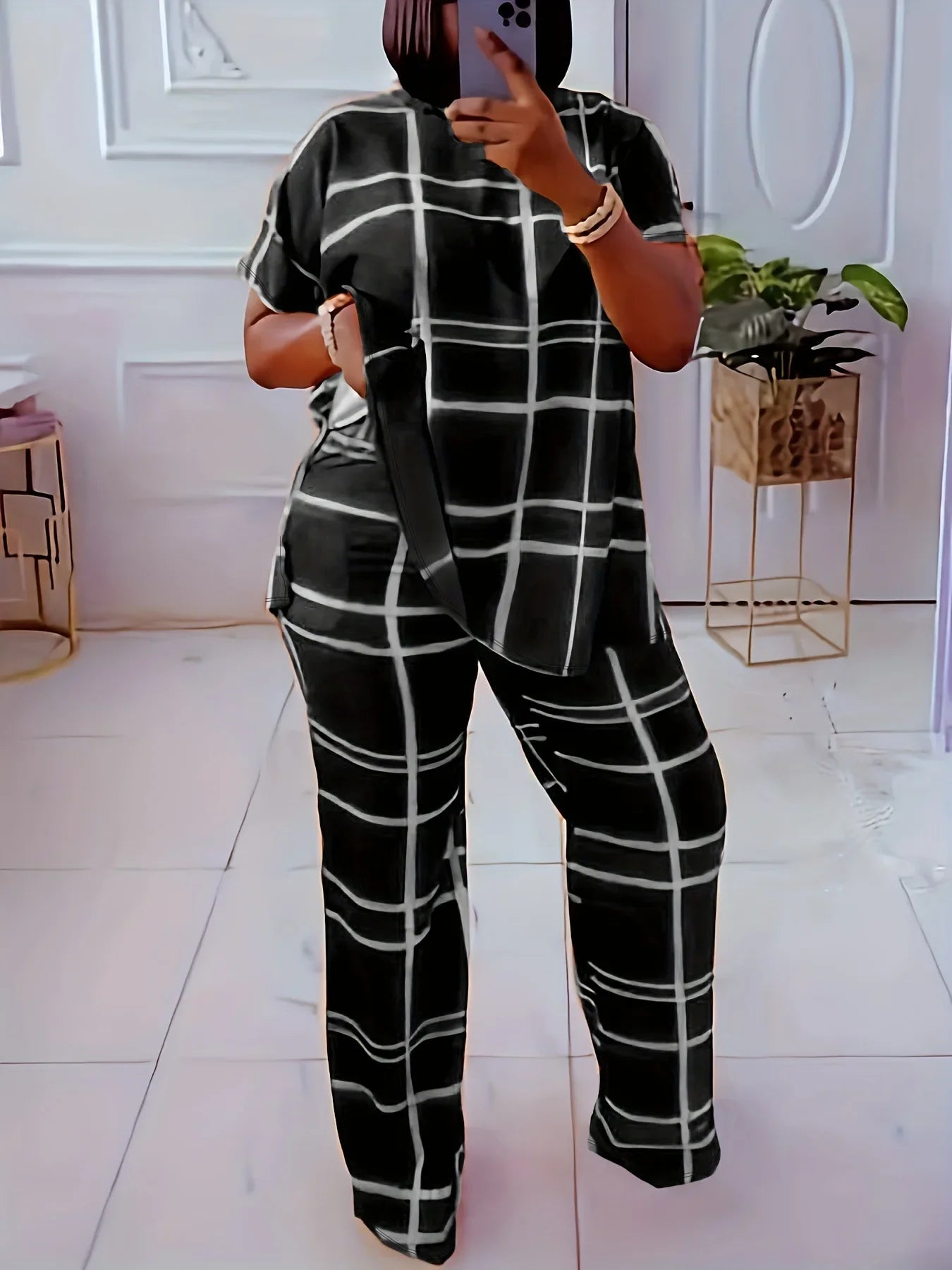 Elements Striped Grid Printed Casual Round Neck  Two Piece Set