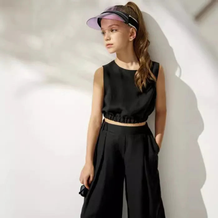 Girls Suit 2025 Summer Girls Cotton and Linen Fashion Waist Vest Suit Straight Pants Children's Two-piece Set Fashion