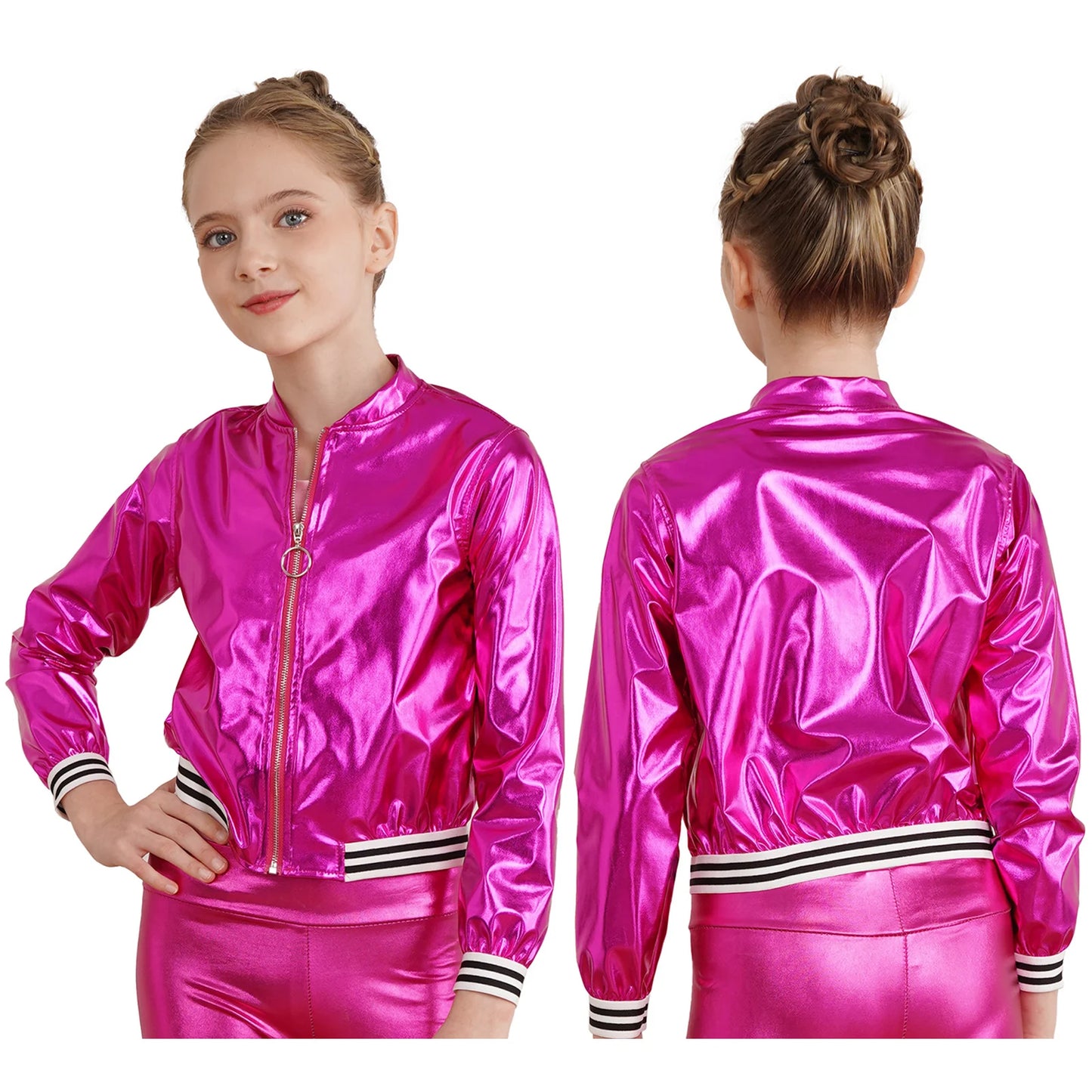 Kids Girls Long Sleeve Casual Sports Bomber Jackets Jazz Hip-hop Street Dance Costume Boys Shiny Metallic Baseball Outwear Coats