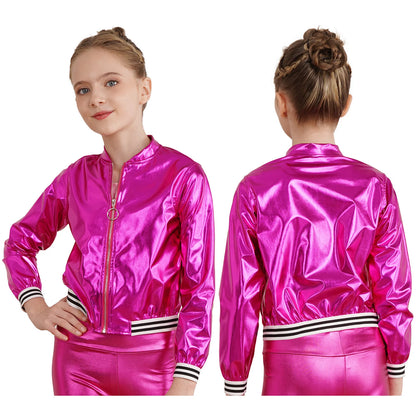 Kids Girls Long Sleeve Casual Sports Bomber Jackets Jazz Hip-hop Street Dance Costume Boys Shiny Metallic Baseball Outwear Coats