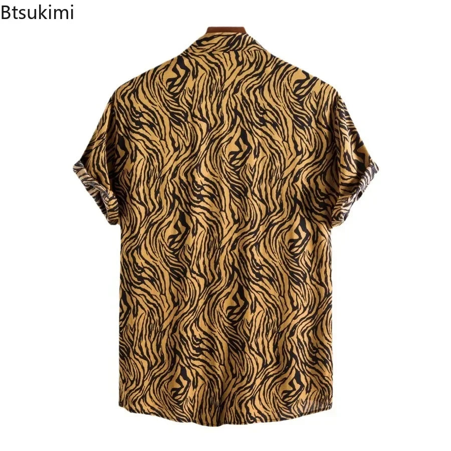 2026 New Hawaiian Beach Wear Men's Zebra-stripe Short Sleeve Shirts Fashion Laple Button Up Casual Blouse Summer Streetwear Male