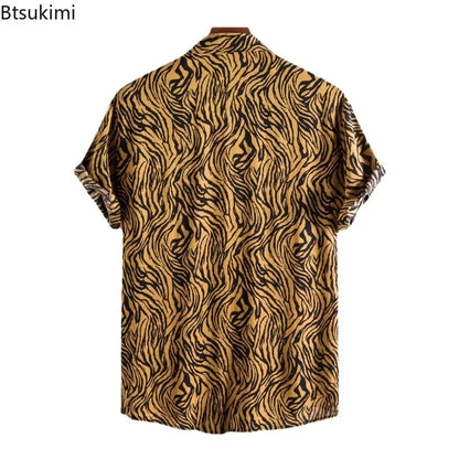2026 New Hawaiian Beach Wear Men's Zebra-stripe Short Sleeve Shirts Fashion Laple Button Up Casual Blouse Summer Streetwear Male