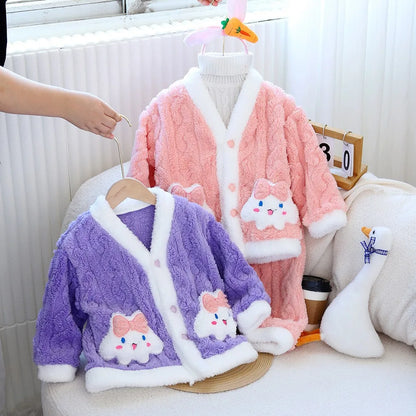 New Kids Girls Pajamas Set Thick Warm Cartoon Two Piece Loungewear Soft Comfortable Sleepwear Home Clothes for 3-10 Years Winter