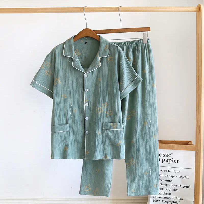 Men's Trousers Pajamas Set for Spring and Summer Thin Design Cotton Fabric Short Sleeved Long Pants Home Men Pyjama Set