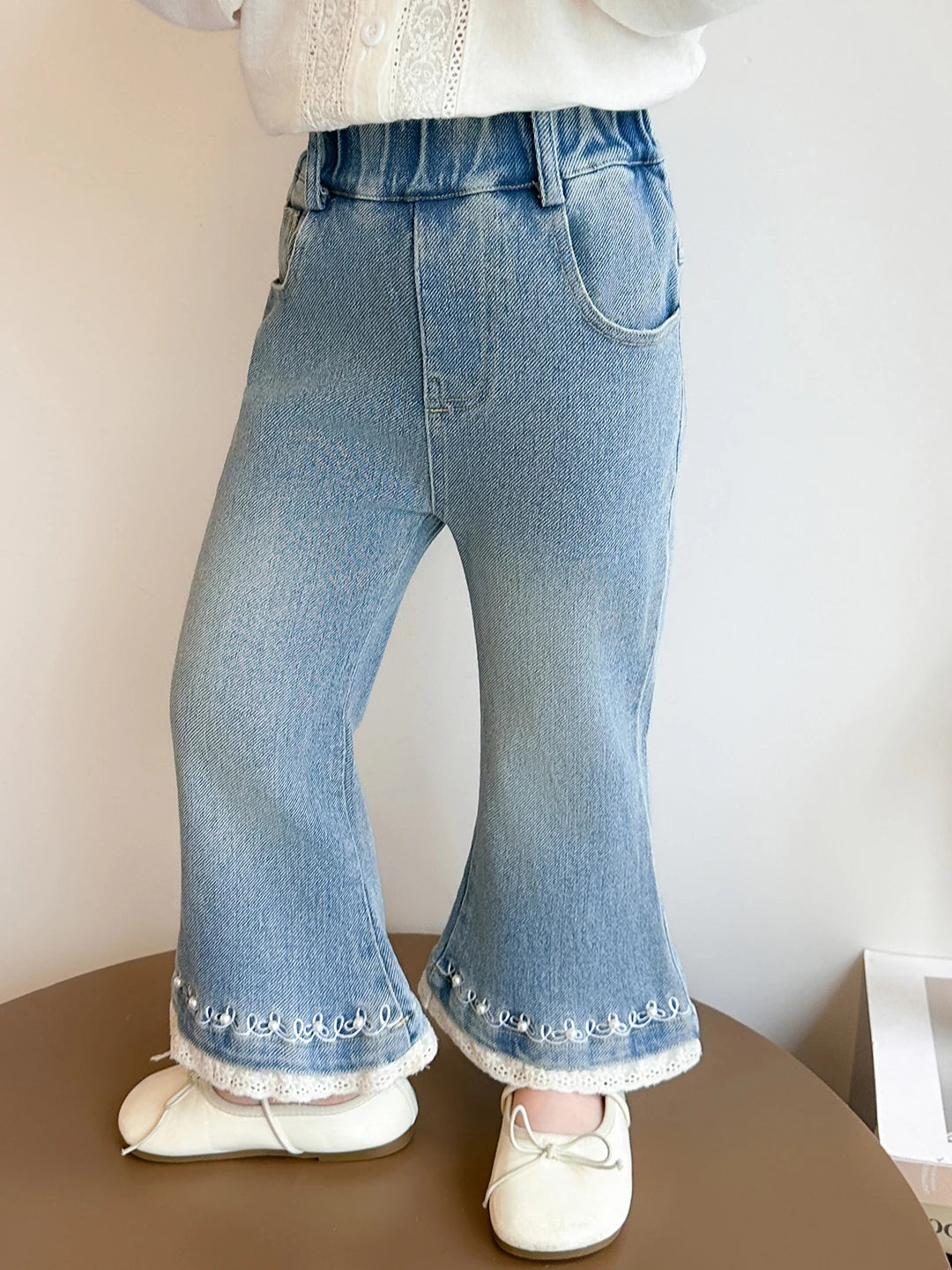Girls Casual Pearl Trimmed Denim Pants Spring Autumn New Style Fashionable Kids Clothing High Waist Flared Legs Thin Material