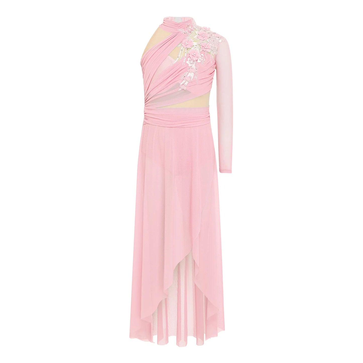 Girls Delicate 3D Flower Lyrical Dance Dress Asymmetrical Ruched Long Dress Gymnastics Modern Dance Clothes Performance Dress