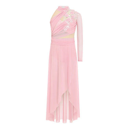 Girls Delicate 3D Flower Lyrical Dance Dress Asymmetrical Ruched Long Dress Gymnastics Modern Dance Clothes Performance Dress