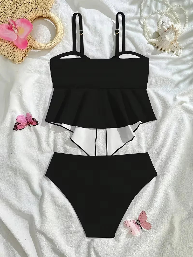 Teen Girl Swimsuit 2pcs Black Tankini Sets Girls Separate Swimwear for 7-16 Years Children Bathing Suit Metal Floral Beach Wear