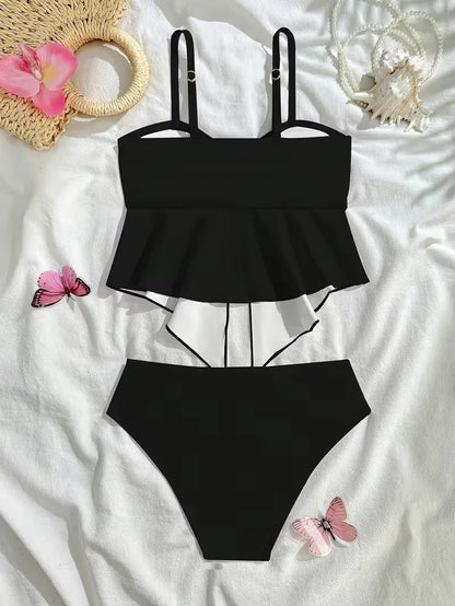 Teen Girl Swimsuit 2pcs Black Tankini Sets Girls Separate Swimwear for 7-16 Years Children Bathing Suit Metal Floral Beach Wear