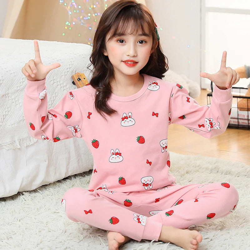 Girls' pure cotton underwear spring and autumn cartoon print loungewear set children's pajamas comfortable crew neck topandpants