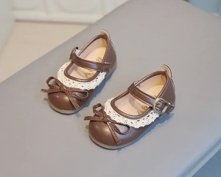 Girls Walking Shoes Sweet Lace Simple Bows 2025 New Baby Princess Shoes Round Toes Kids Leather Shoes Non-slip Soft Sole Flats