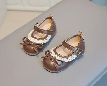 Girls Walking Shoes Sweet Lace Simple Bows 2025 New Baby Princess Shoes Round Toes Kids Leather Shoes Non-slip Soft Sole Flats
