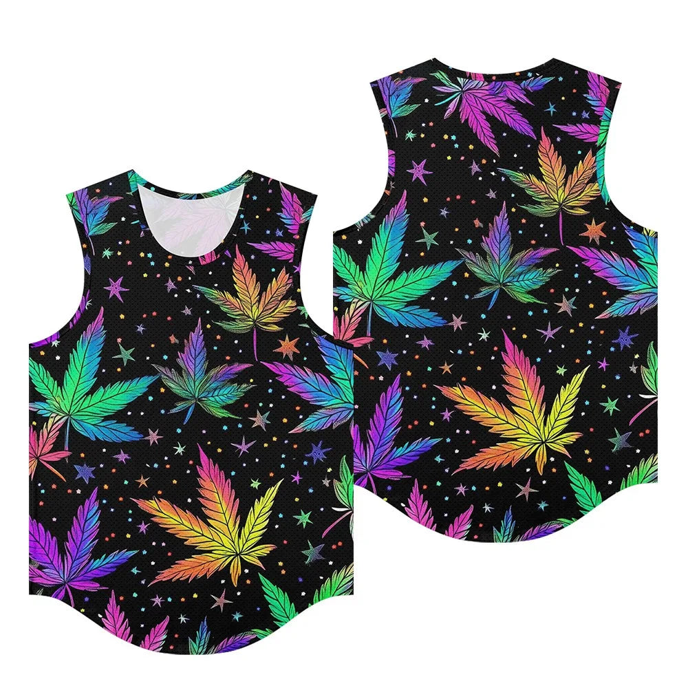 Men Vests Trendy Tropical Monstera Printed Breathable Beach Artistic Essential Tank Top Activewear Sports Oversized Clothing