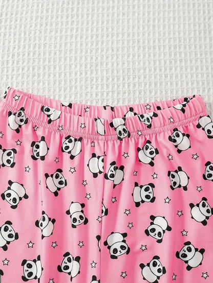 3-piece set of Big Girl casual pajamas, cute panda heart printed round neck long sleeved pants, trendy style