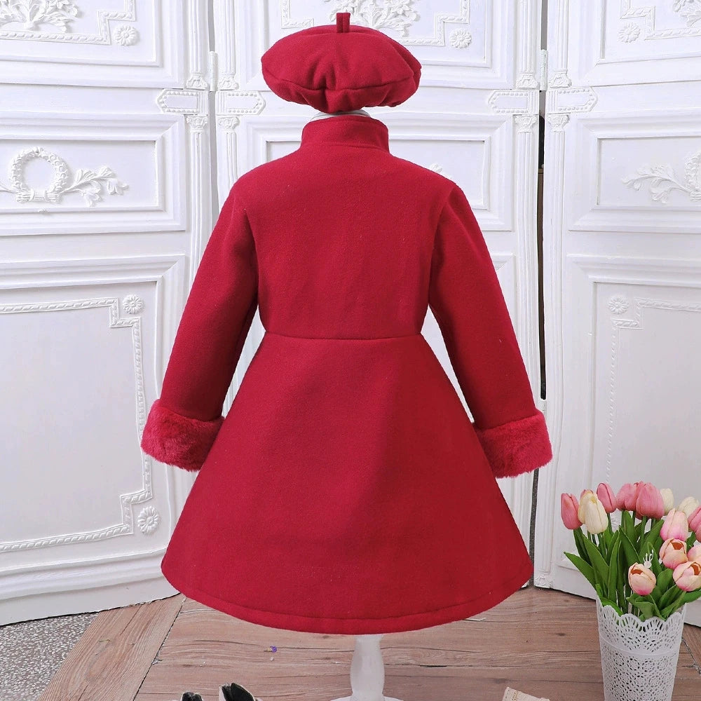 Girls' Red Winter Coat with Hat Long Sleeve Knee-Length Winter Jacket Button Youngsters Outerwear Teen Girl Overcoat For Outings