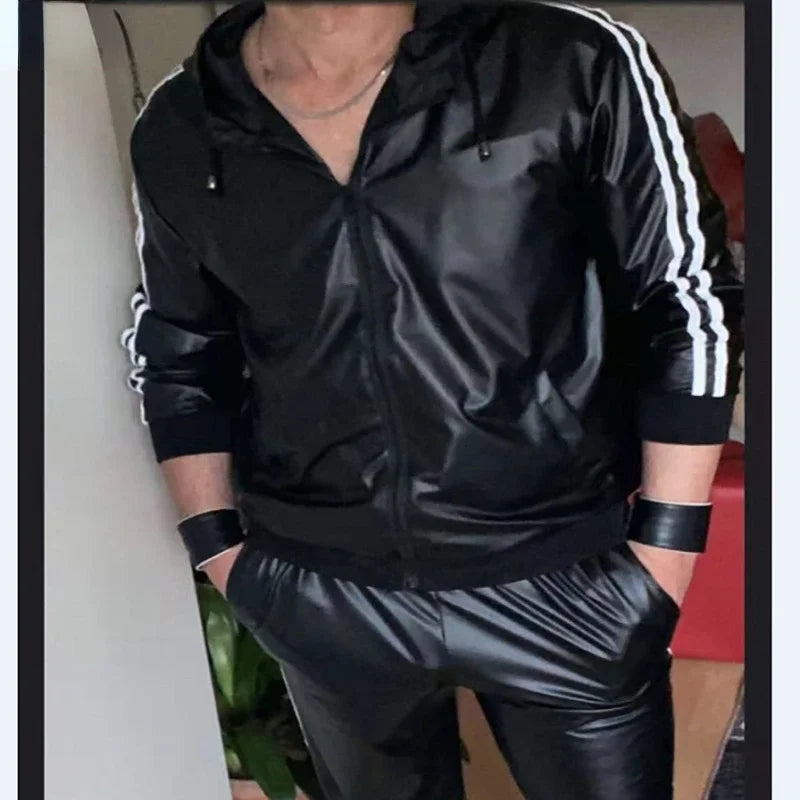 Men's PU Leather Hoodie Suit Casual Sportswear Hooded Jogging Suit Sportswear Men Outfit Set Juicy Tracksuit