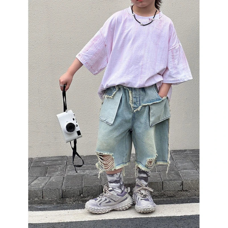 Boy Summer Shorts Kids Casual Denim Jeans Children Knee Length Pants Infant Fashion Ripped Denim Shorts Baby Elastic Waist Short