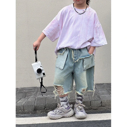 Boy Summer Shorts Kids Casual Denim Jeans Children Knee Length Pants Infant Fashion Ripped Denim Shorts Baby Elastic Waist Short