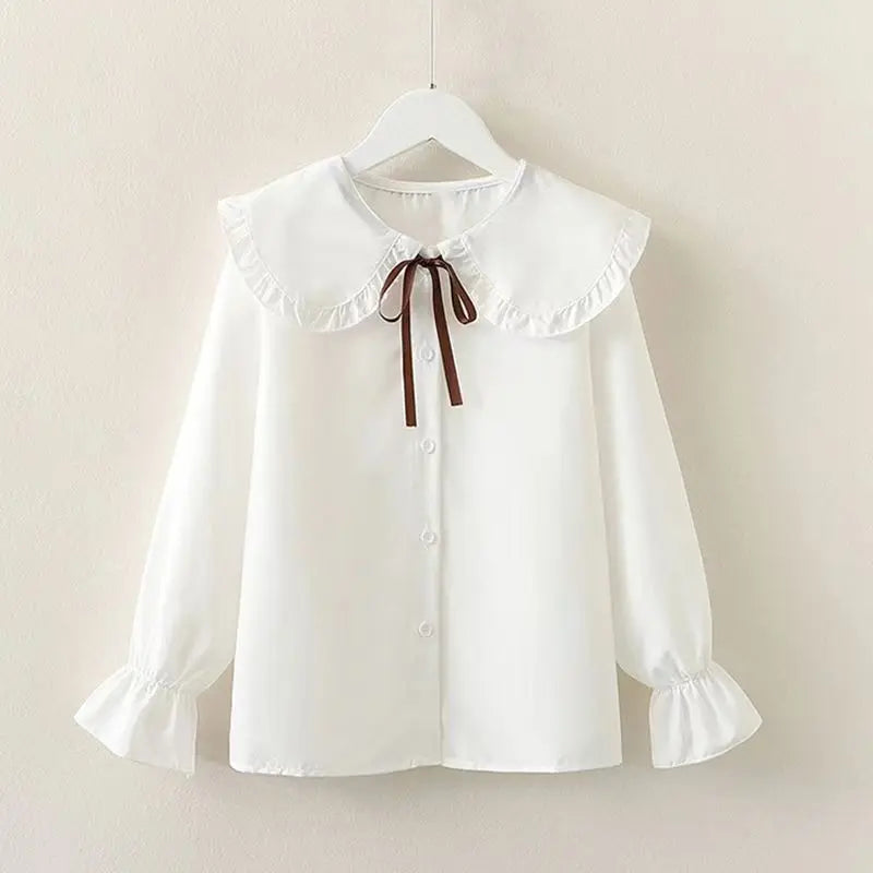 Girls' Spring Autumn Blouse New Korean Style Fashionable Long Sleeve White Shirt Children's Lace Peter Pan Collar Bottoming Shir