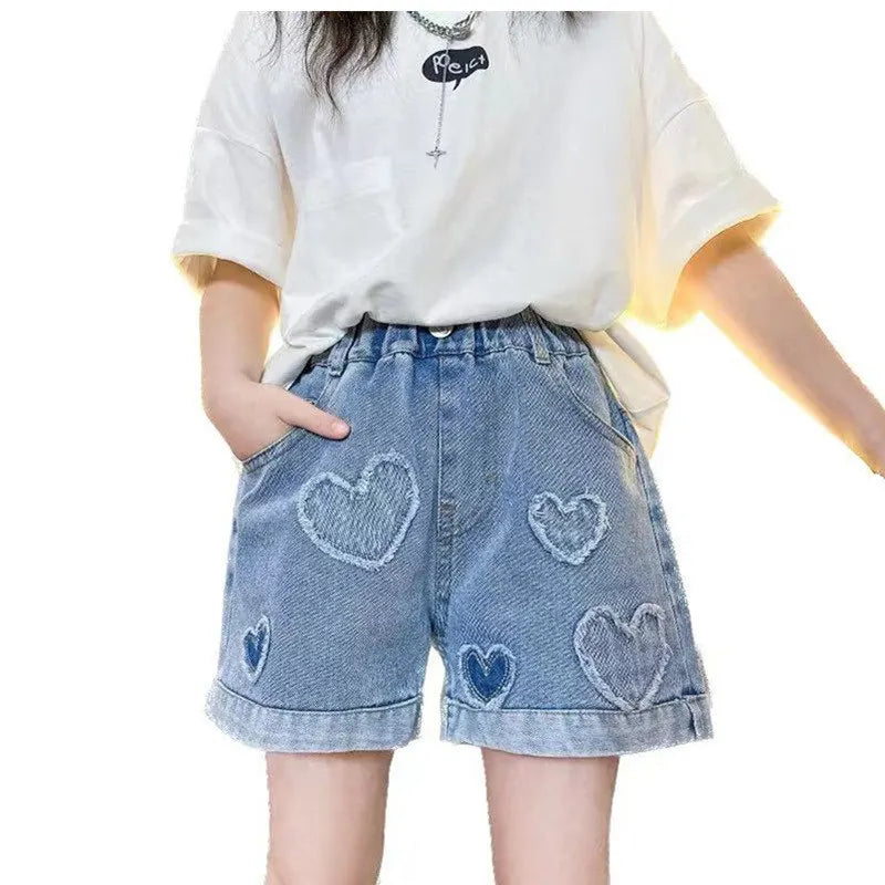 Girls Shorts with Heart Pattern High Waist Summer Hot Deals Teenage Child Fashion Jeans Kids Short Trousers Clothes 5-14Year Old