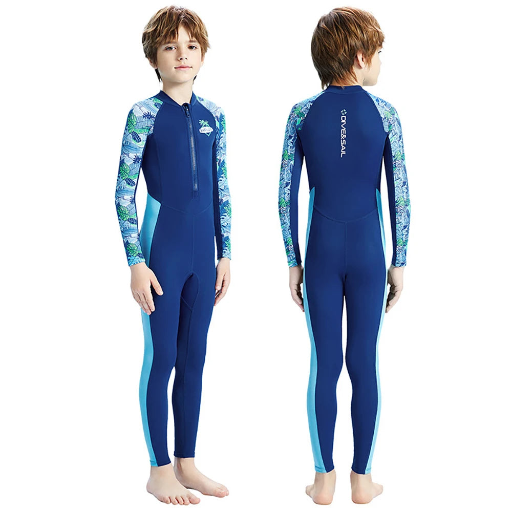 Boys Girls One-Piece Swimsuits Swimwear Long Sleeve Wetsuits Bathing Suit Beachwear Sun Protection(Including Swimming Cap)