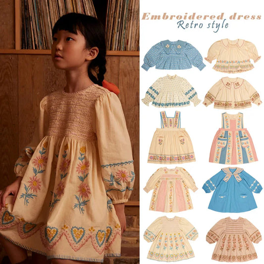 Girls' Dress 2025 Fall/Winter New Arrival Printed Fashion Embroidered Gathered Children's Dress Pure Cotton Cute Girls' Shirt
