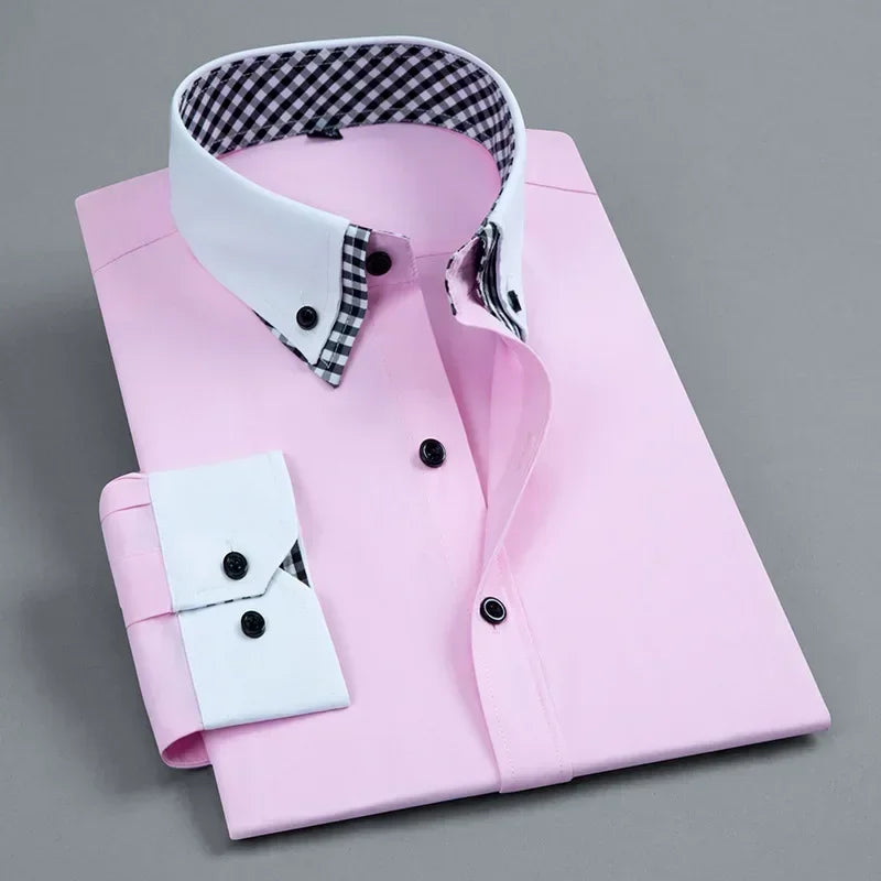 2026 Men's Dress Shirt Non Iron Fashion Double layer Long Sleeve Business Formal Regular Fit Office Camisa Social Shirts Male