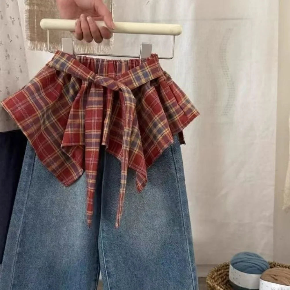 Girls' Pants 2025 New Stylish Little Girl Super Good-looking Retro Red Checkered Lace Up Fart Curtain Denim Skirt Pants