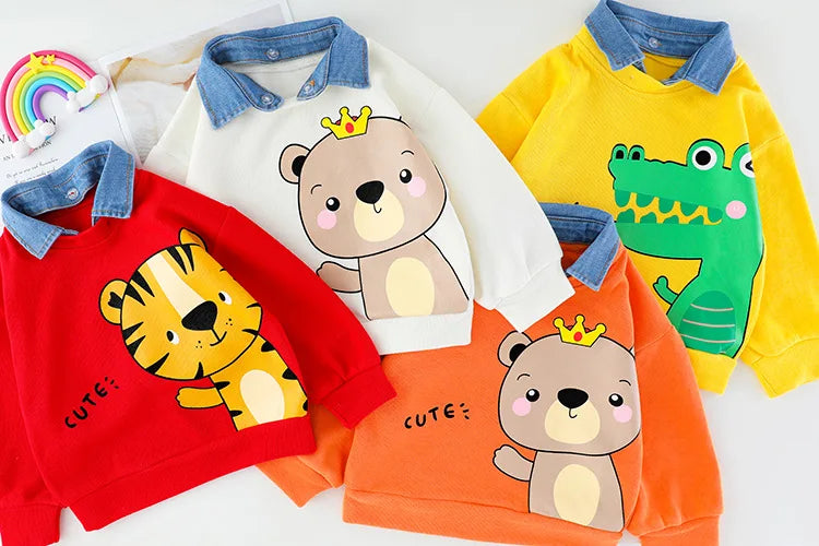 Baby boy clothes 0-4 years old spring and autumn long-sleeved suit boy cartoon lapel cotton sweater + jeans baby 2-piece set