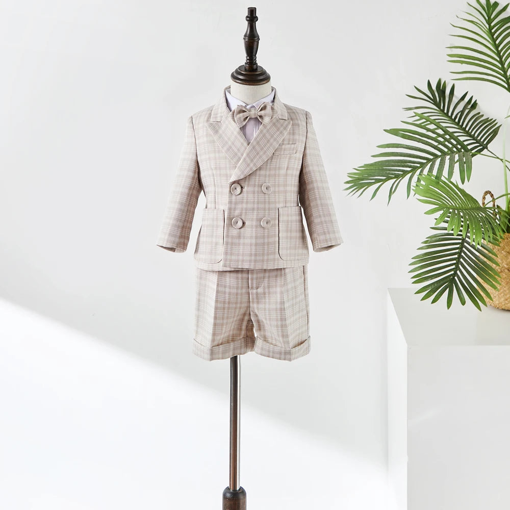 Baby Photograph Boys Suit Children Clothes Set Spring Khaki Lattice Birthday Dress Kids costume Tuxedo Coat+Shorts With Strap
