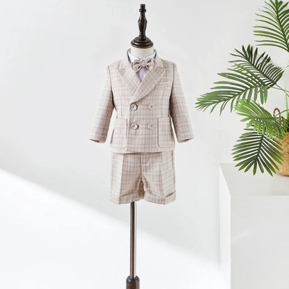 Baby Photograph Boys Suit Children Clothes Set Spring Khaki Lattice Birthday Dress Kids costume Tuxedo Coat+Shorts With Strap