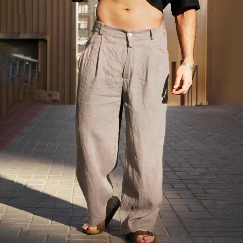 Men Cotton Linen Slacks Solid Color Loose Casual Trousers Breathable Summer Yoga Pants Pleated Jogger For Beach Vacation Fishing